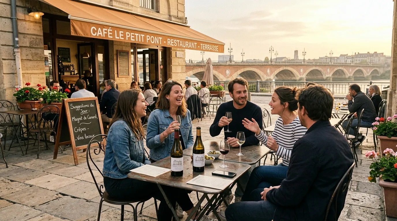 Groupe d'amis riant autour d'une table en terrasse parisienne, pont en arrière-plan