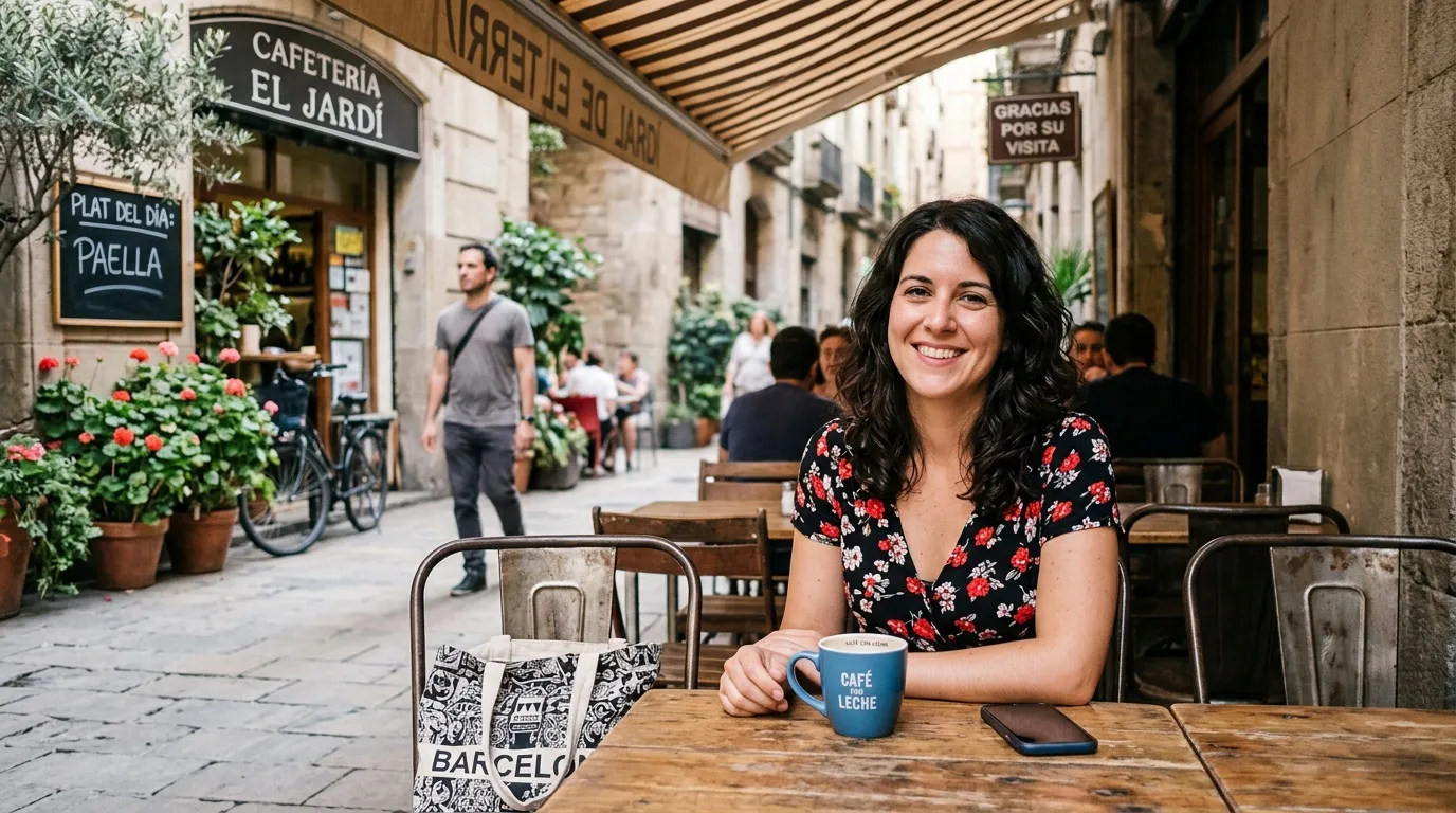 Femme souriante prenant un café en terrasse à Barcelone