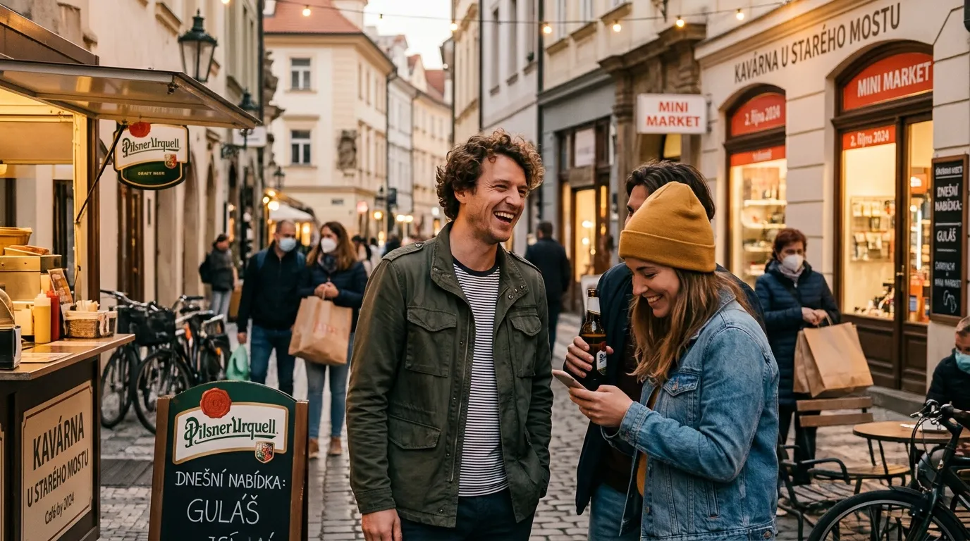 Couple riant dans une rue pavée historique européenne.