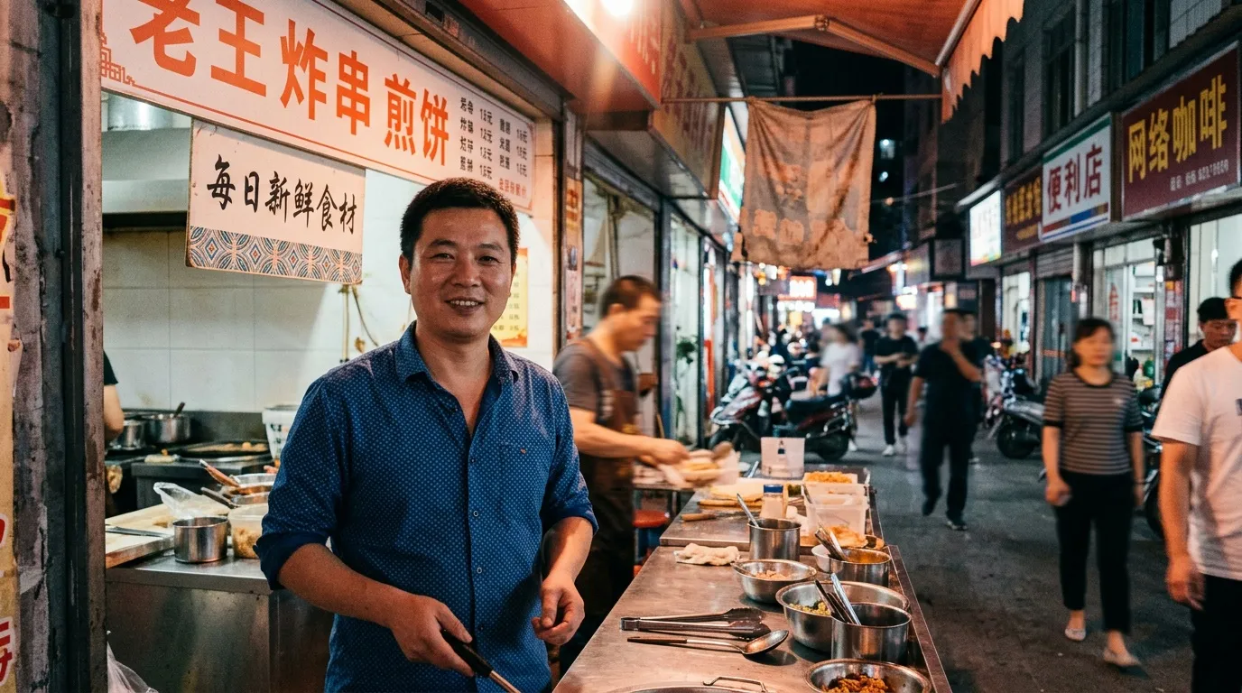 Homme souriant devant son petit restaurant de rue en Asie