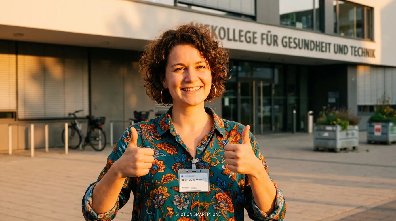 Femme souriante avec badge devant un bâtiment universitaire