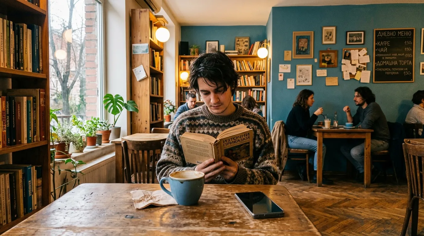 Homme lisant un livre dans un café cosy avec bibliothèque.