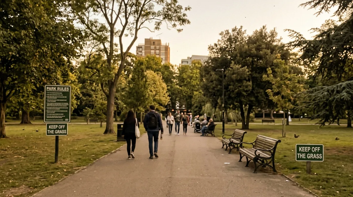 Allée de parc avec panneaux interdisant de marcher sur l'herbe