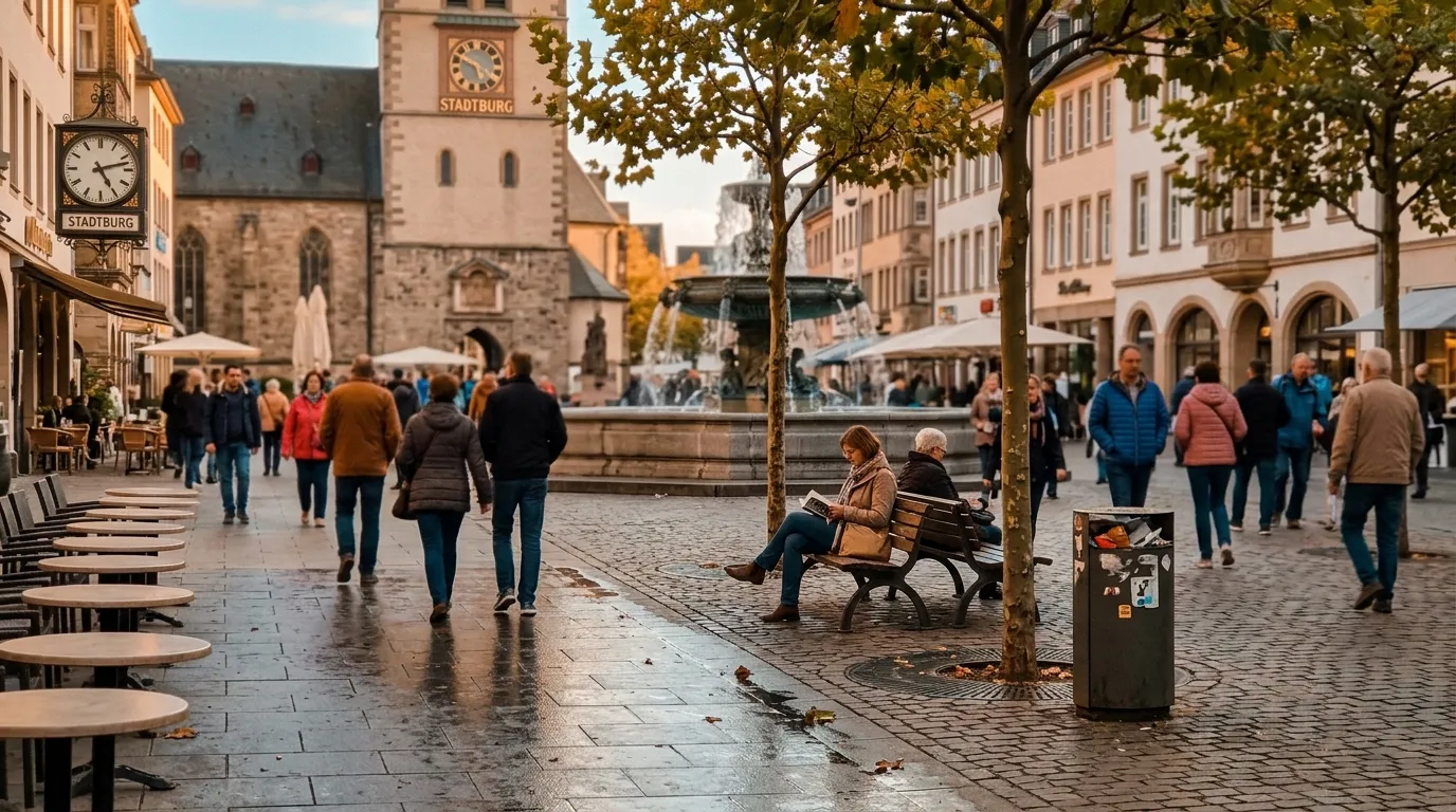Place publique humide avec fontaine, église et passants en automne