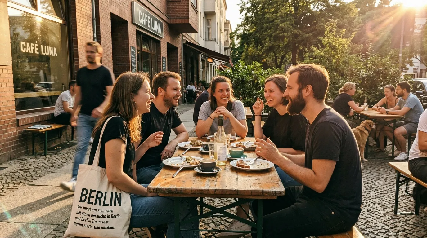 Groupe d'amis riant autour d'une table en terrasse