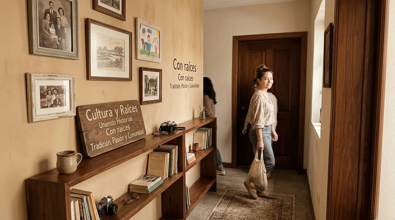 Femme visitant un musée avec photos familiales et objets anciens.