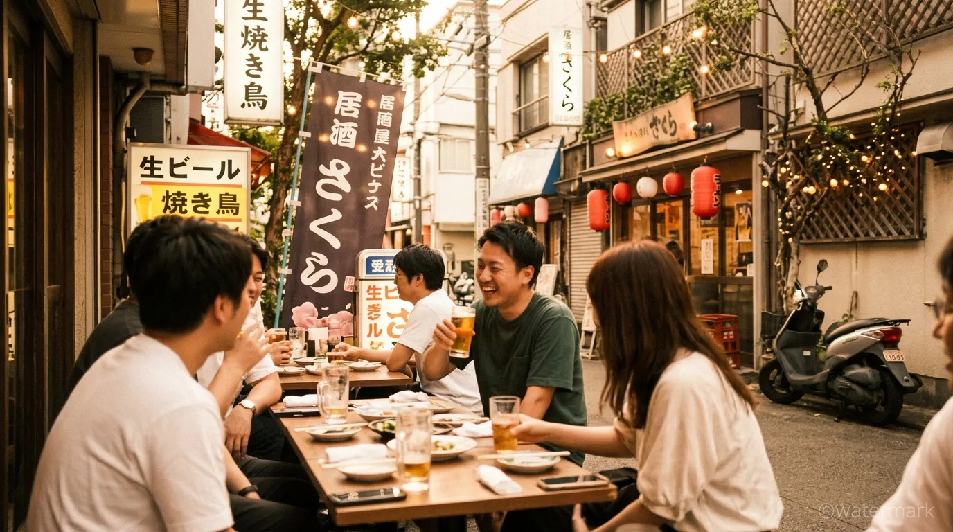 Amis dînant ensemble dans une rue traditionnelle japonaise