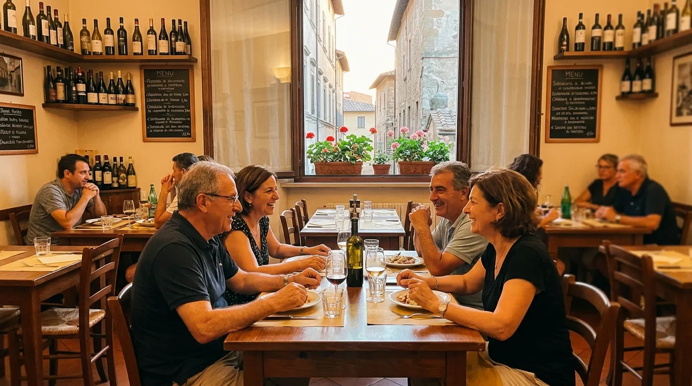 Couples d&icirc;nant ensemble dans un restaurant italien avec vue sur la rue