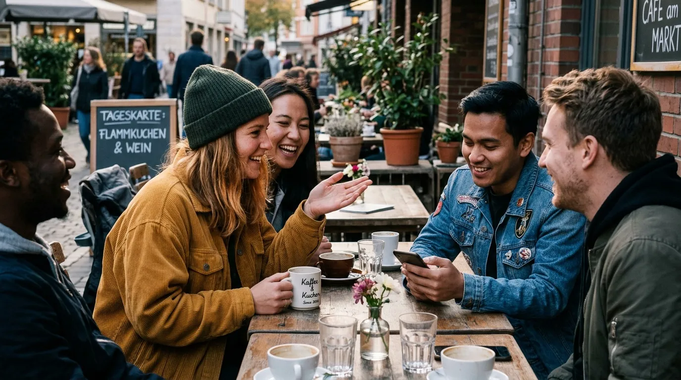 Groupe de jeunes gens souriant autour d'une table de caf&eacute; en terrasse.