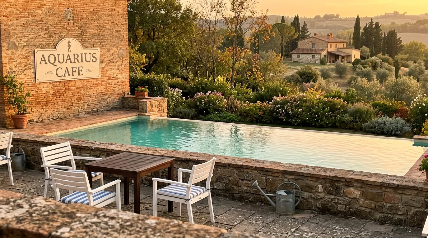 Piscine avec vue sur villa toscane et cypr&egrave;s