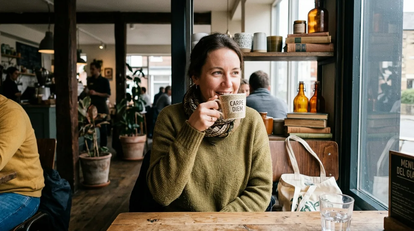Femme buvant un caf&eacute; dans un caf&eacute; accueillant et moderne