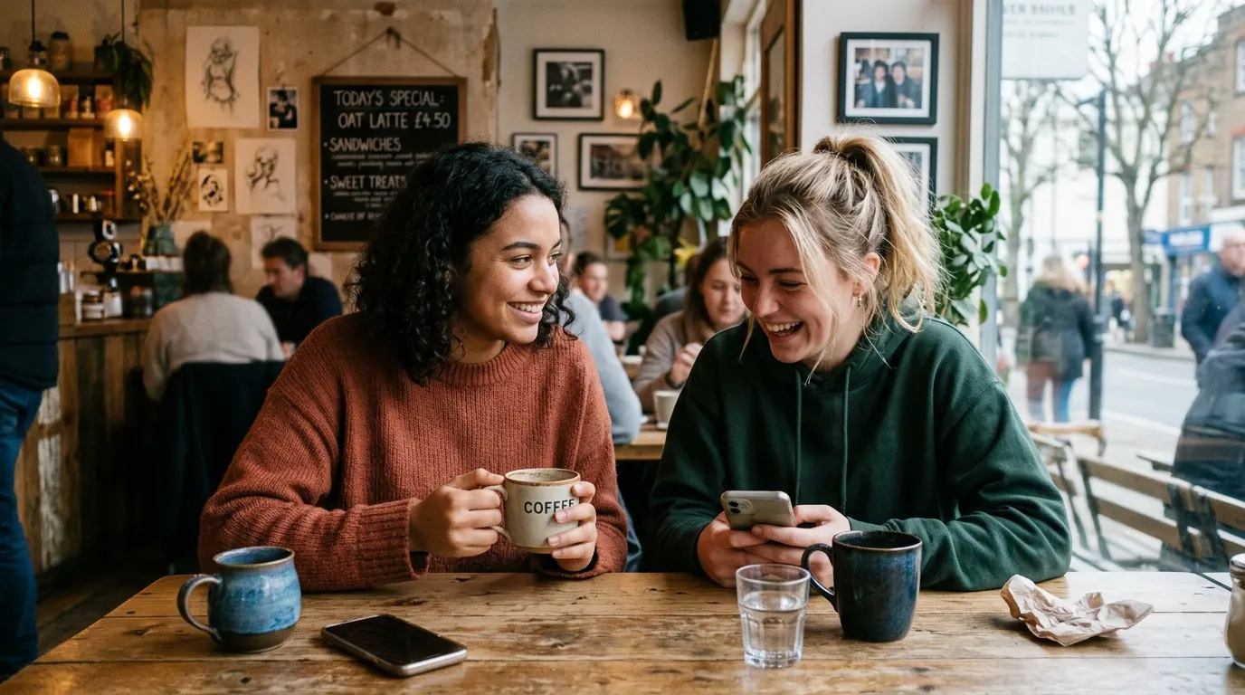 Deux jeunes femmes souriantes prennent un caf&eacute; ensemble &agrave; une terrasse