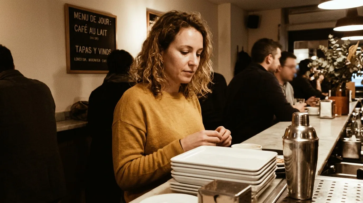 Femme en pull jaune servir des assiettes au comptoir