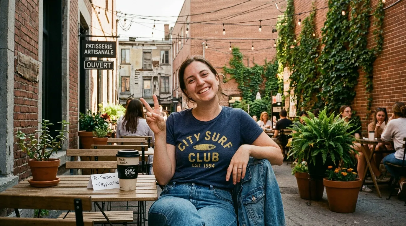 Femme souriante dans une ruelle pav&eacute;e avec caf&eacute; et lierre