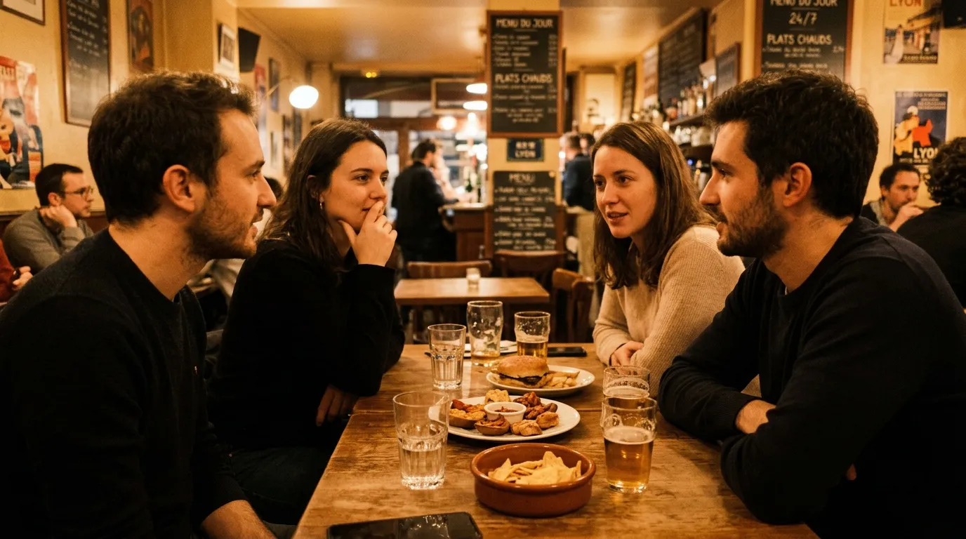 Quatre personnes discutent autour d'une table dans un bar parisien