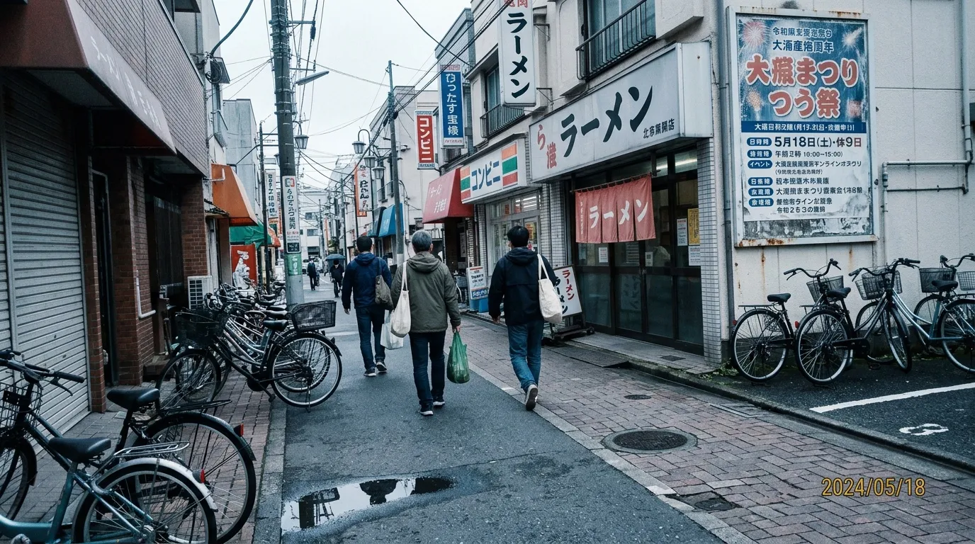 Rue pi&eacute;tonne japonaise avec commerces, v&eacute;los et passants