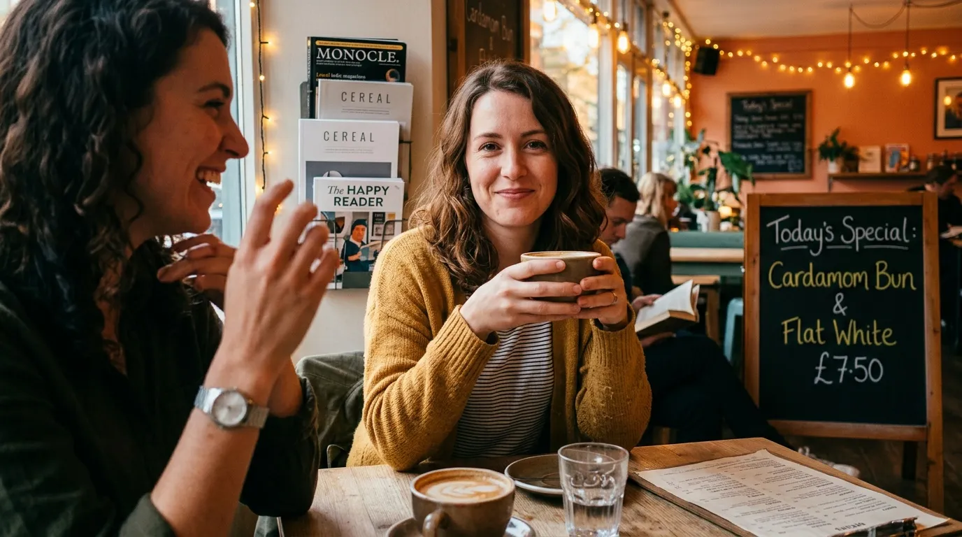 Deux femmes souriantes prennent un caf&eacute; dans un caf&eacute; chaleureux.