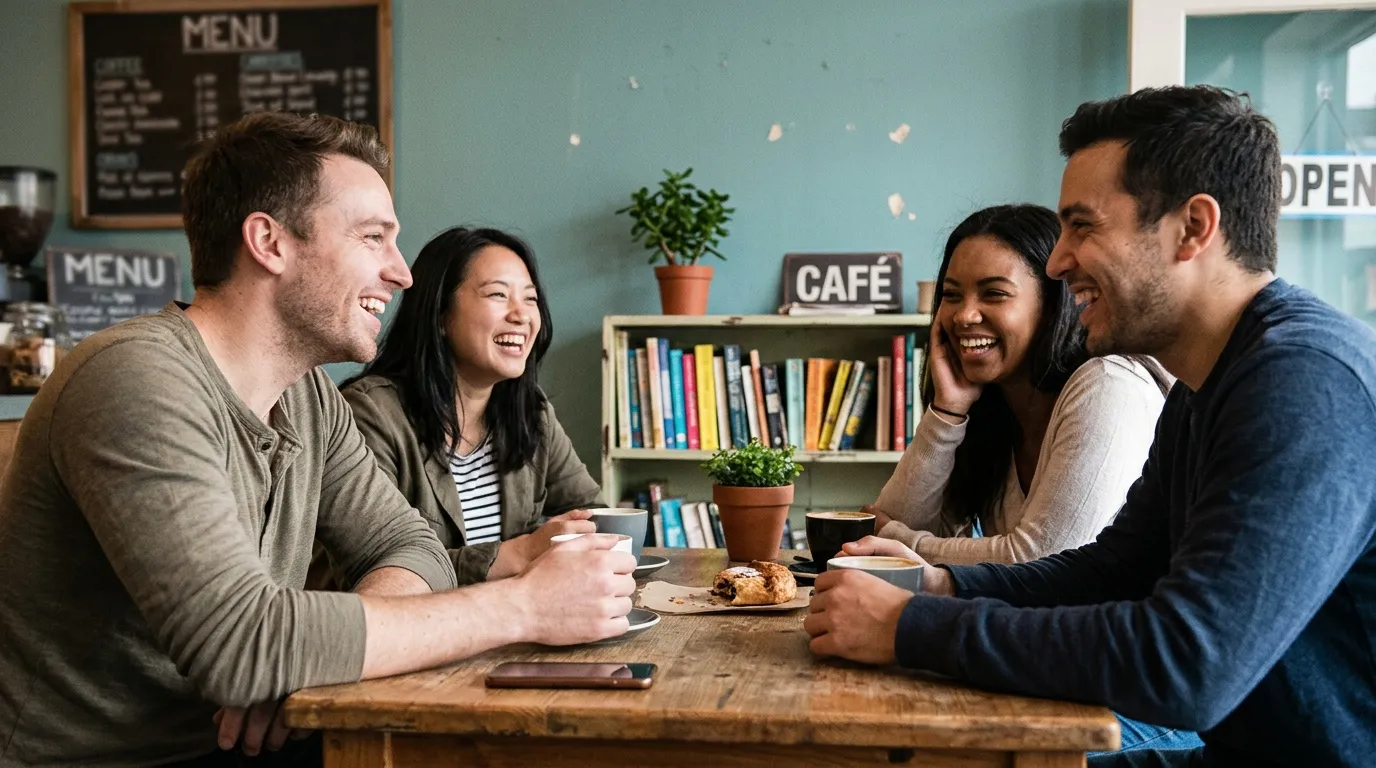 Cinq personnes souriantes discutent autour d'une table en caf&eacute;