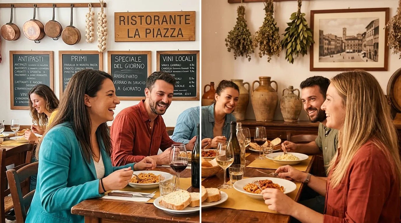Groupe d'amis d&icirc;nant et riant ensemble dans un restaurant italien.
