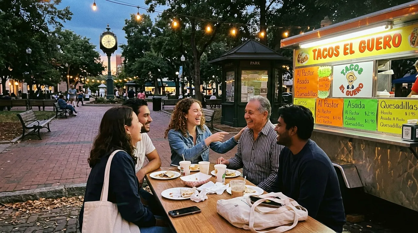 Groupe mangeant des tacos devant un food truck en soir&eacute;e