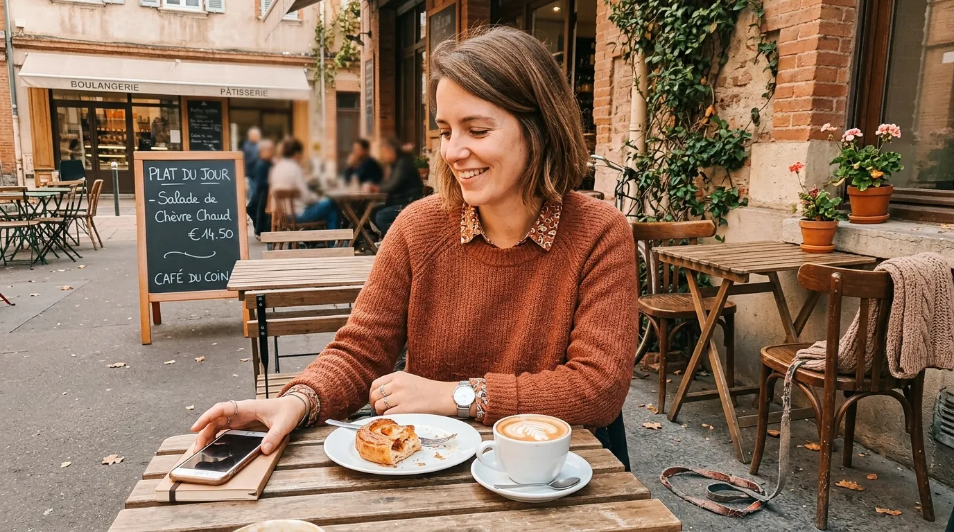 Femme souriante prenant un caf&eacute; en terrasse parisienne