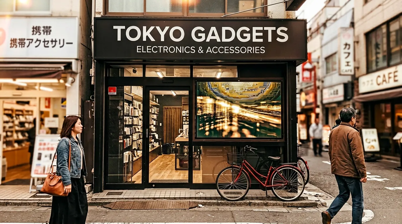 Magasin &eacute;lectronique Tokyo Gadgets avec v&eacute;lo rouge devant