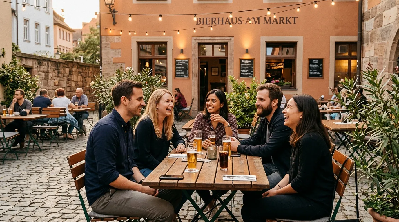 Groupe de cinq amis riant autour d'une table en terrasse.