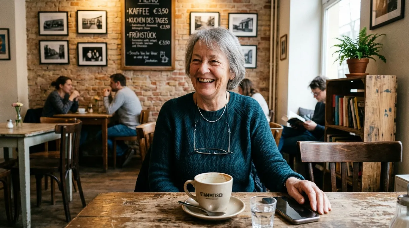Femme &acirc;g&eacute;e sourit devant son caf&eacute; au Stammtisch