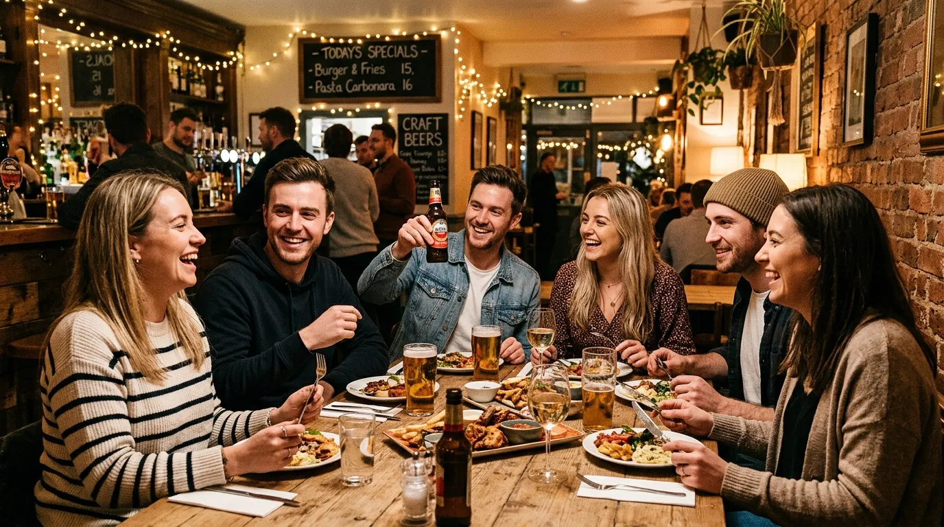 Groupe d'amis riant autour d'une table de restaurant avec bi&egrave;re