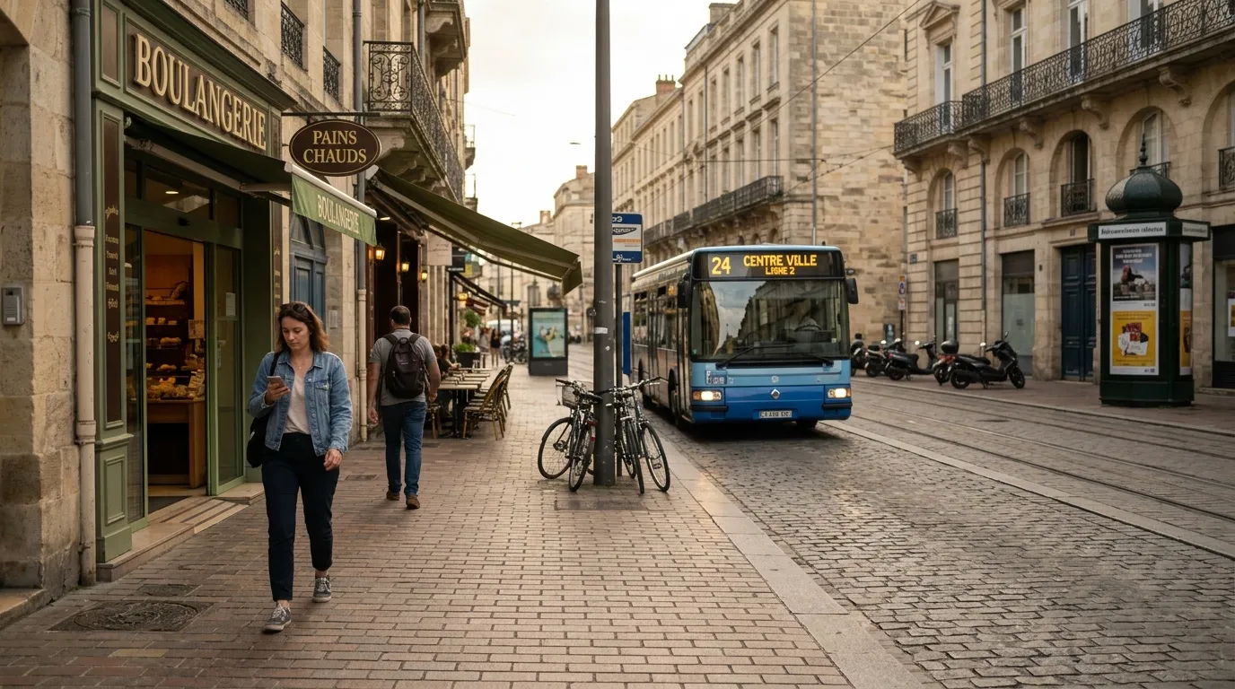 Femme courant dans une rue parisienne devant un tramway bleu