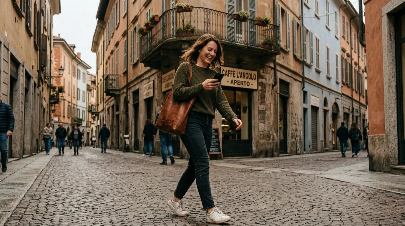 Femme souriante marchant dans une rue pav&eacute;e italienne historique