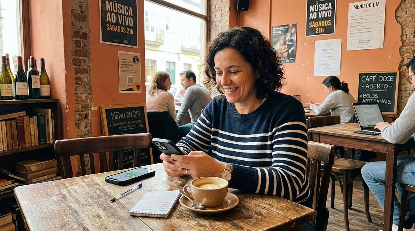 Femme souriante au caf&eacute; consultant son t&eacute;l&eacute;phone pr&egrave;s d'une tasse