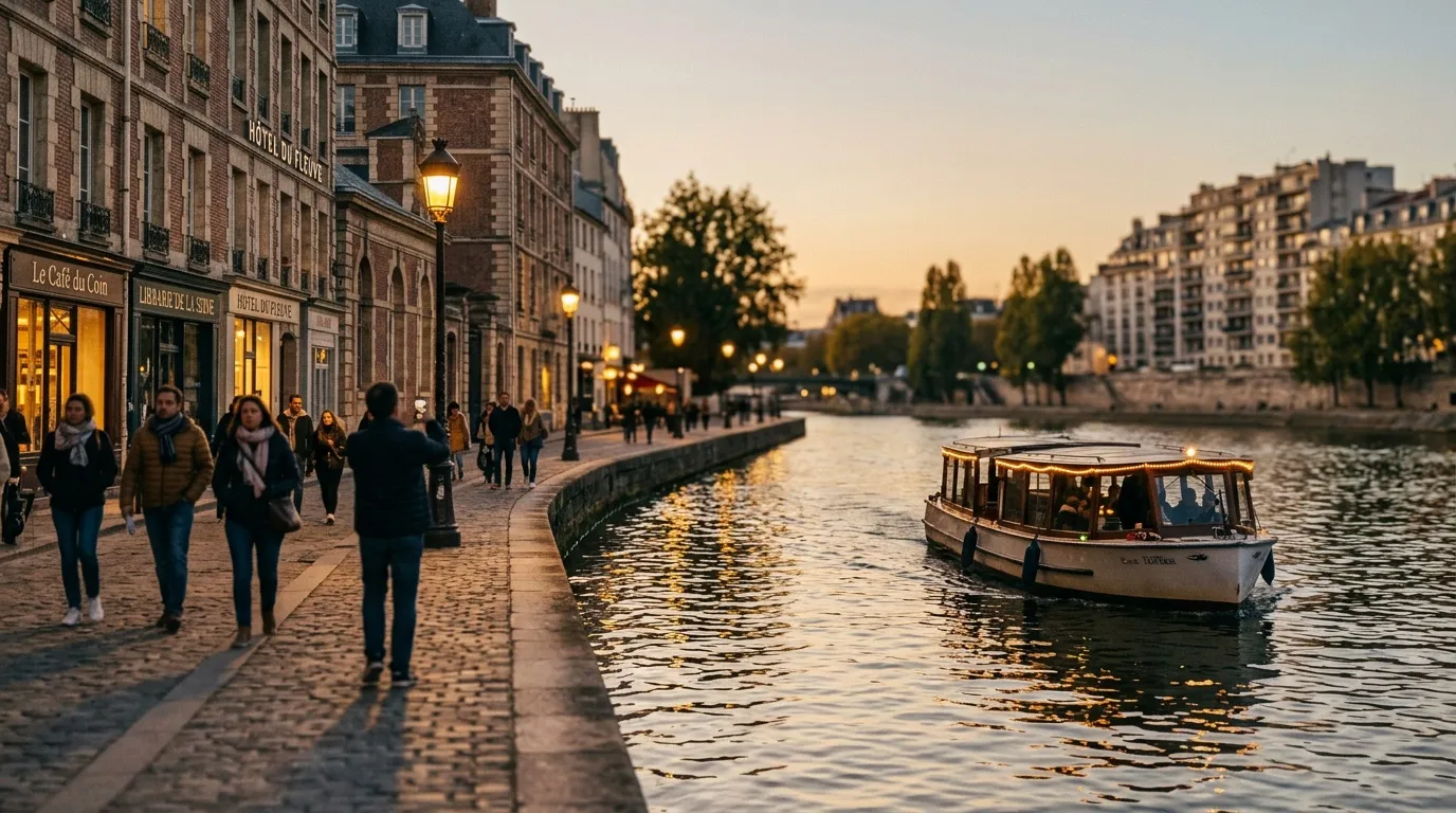 Bateau-mouche sur la Seine au coucher du soleil &agrave; Paris