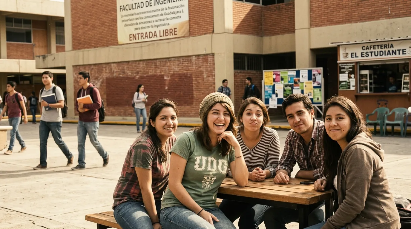 Groupe de cinq &eacute;tudiants souriant assis dans cour d'universit&eacute;