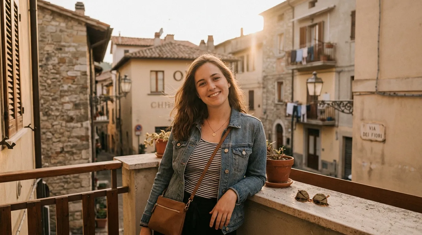 Jeune femme souriante sur balcon pittoresque italien