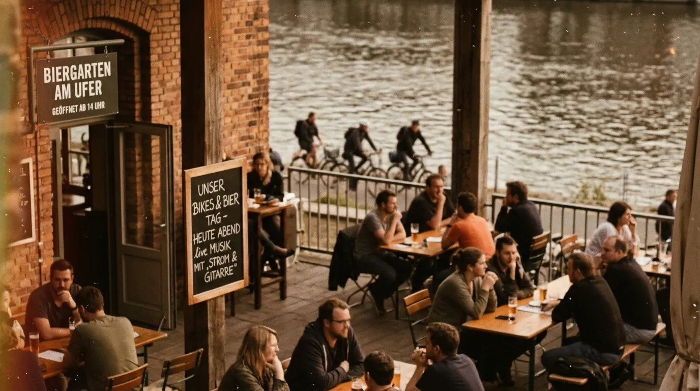 Terrasse de biergarten bond&eacute;e avec vue sur canal et cyclistes