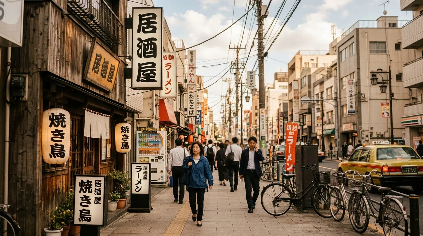 Rue anim&eacute;e au Japon avec commerces traditionnels et passants