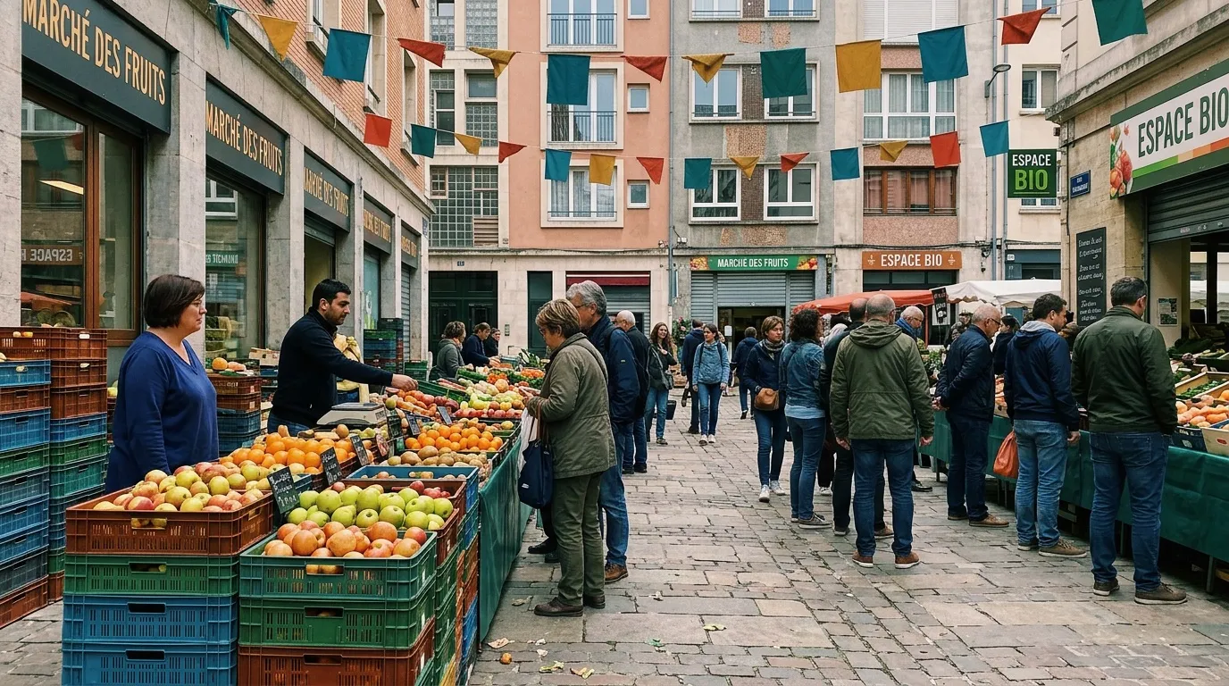 March&eacute; ext&eacute;rieur avec &eacute;tals de fruits color&eacute;s et clients