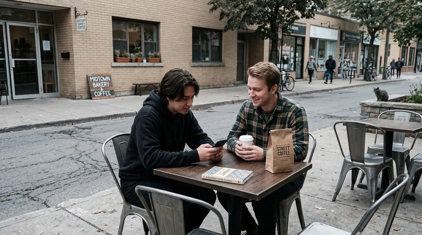 Deux hommes discutent autour d'un caf&eacute; en terrasse urbaine.