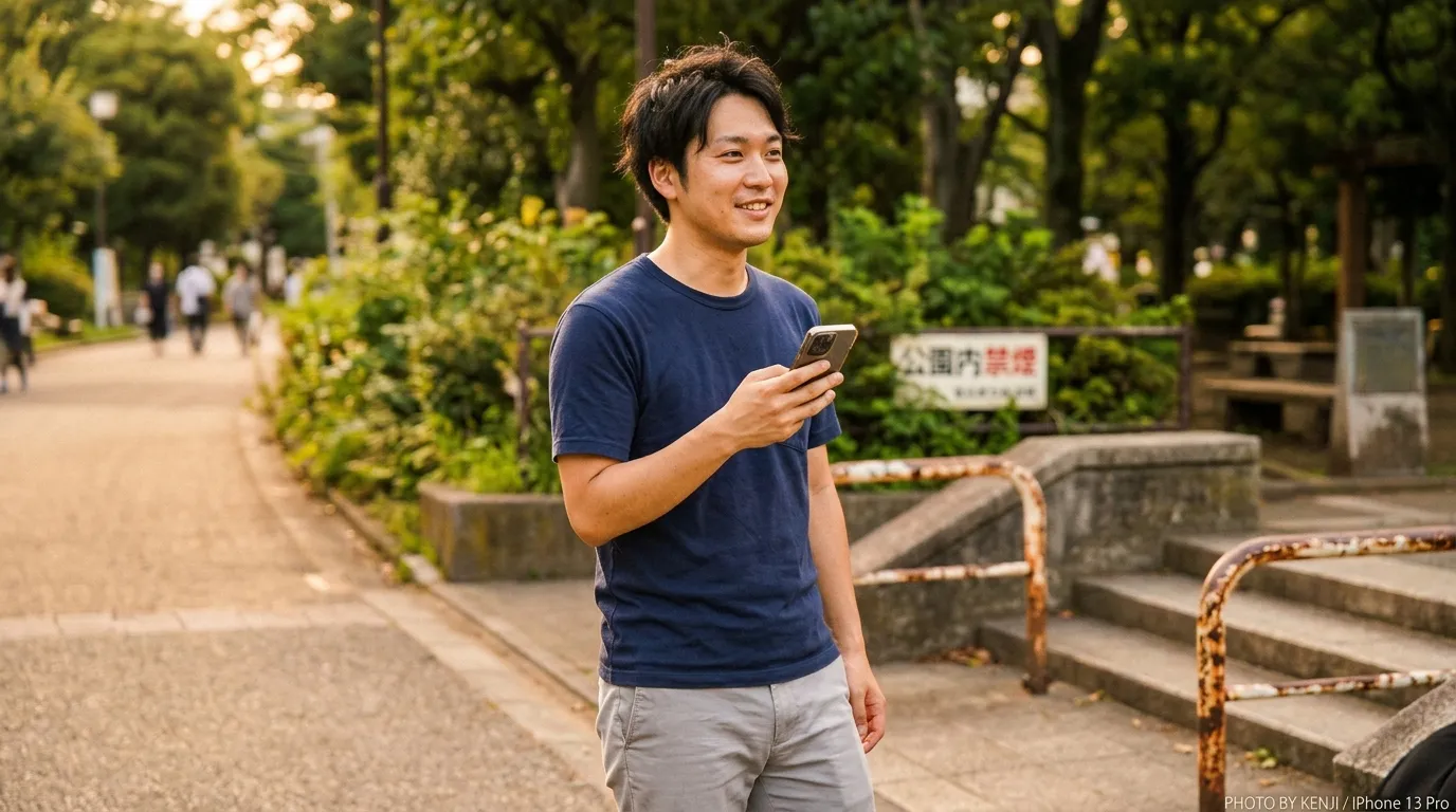 Homme souriant tenant un t&eacute;l&eacute;phone dans un parc urbain verdoyant