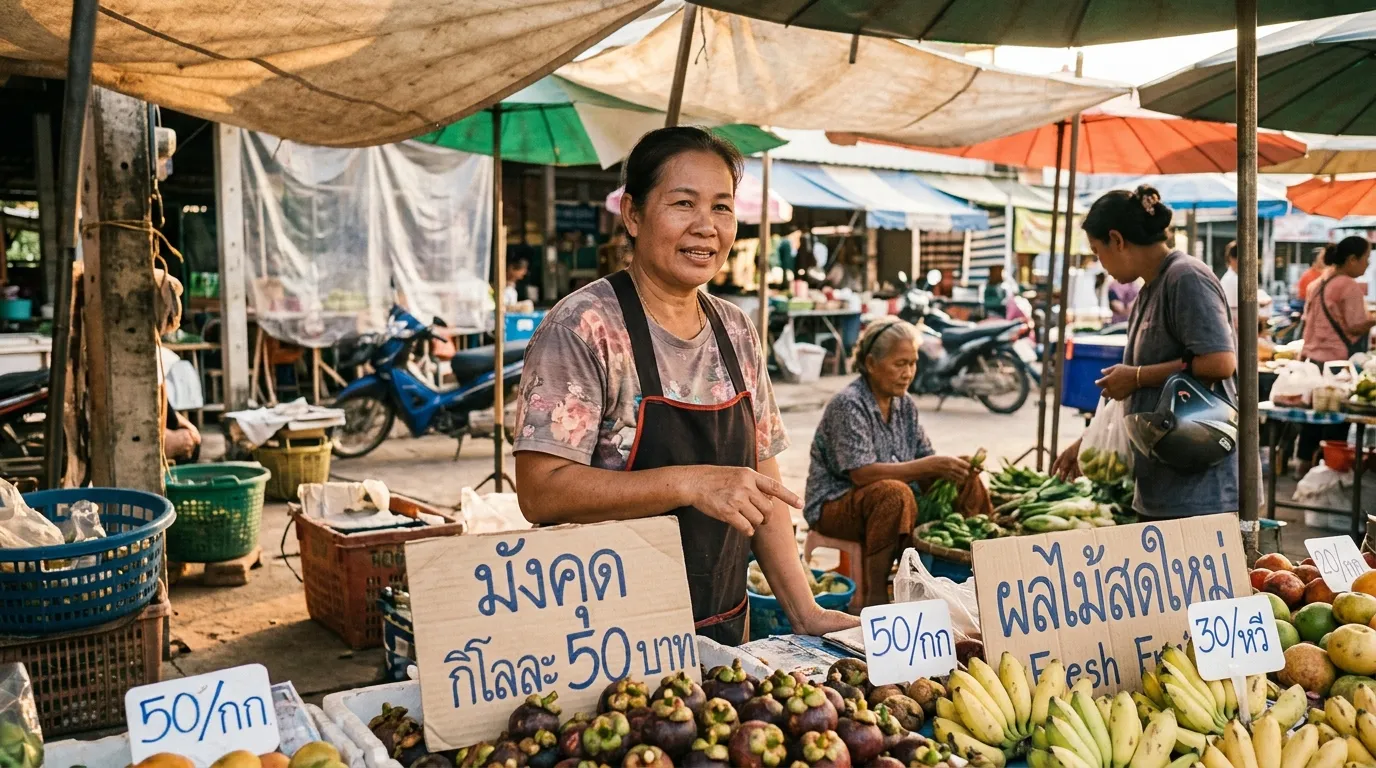 Vendeuse souriante au march&eacute; avec fruits frais et prix en tha&iuml;