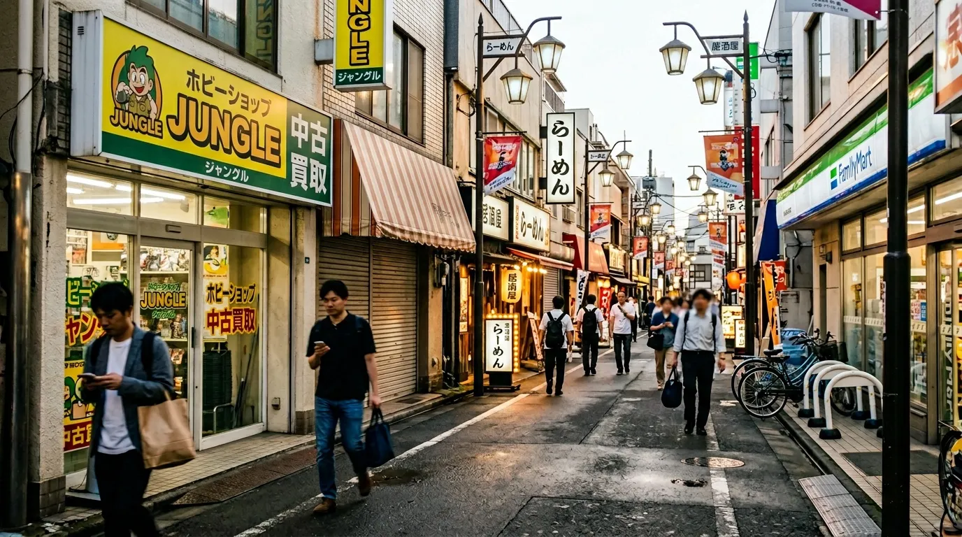 Rue pi&eacute;tonne japonaise avec magasins et panneaux neons