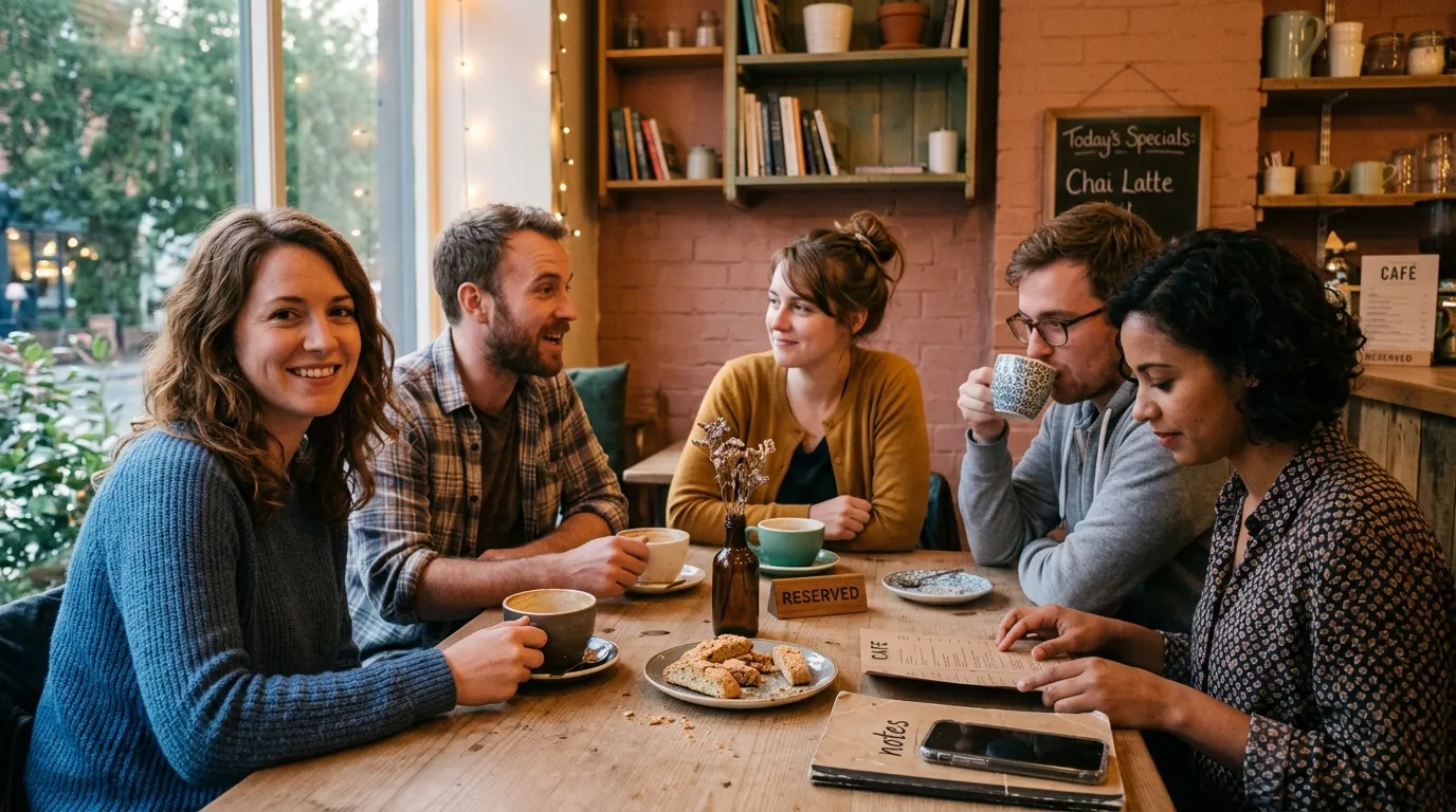 Cinq amis discutent autour d'une table dans un caf&eacute; cosy.