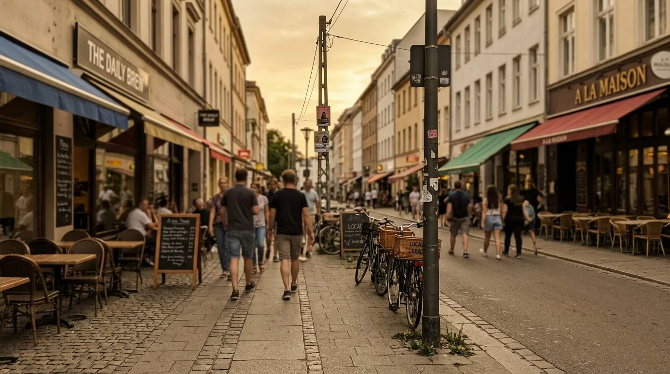 Rue pi&eacute;tonne avec caf&eacute;s, bicyclettes et passants.