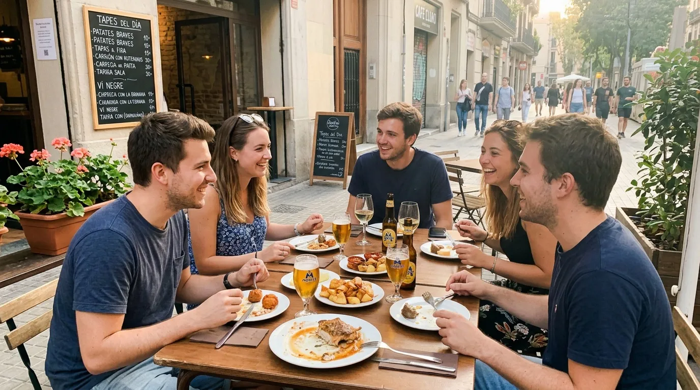 Groupe de six amis d&eacute;gustant tapas en terrasse m&eacute;diterran&eacute;enne