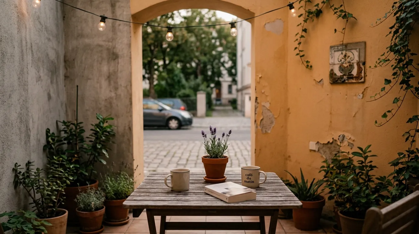 Table de jardin avec caf&eacute;, lavande et plantes en pots.
