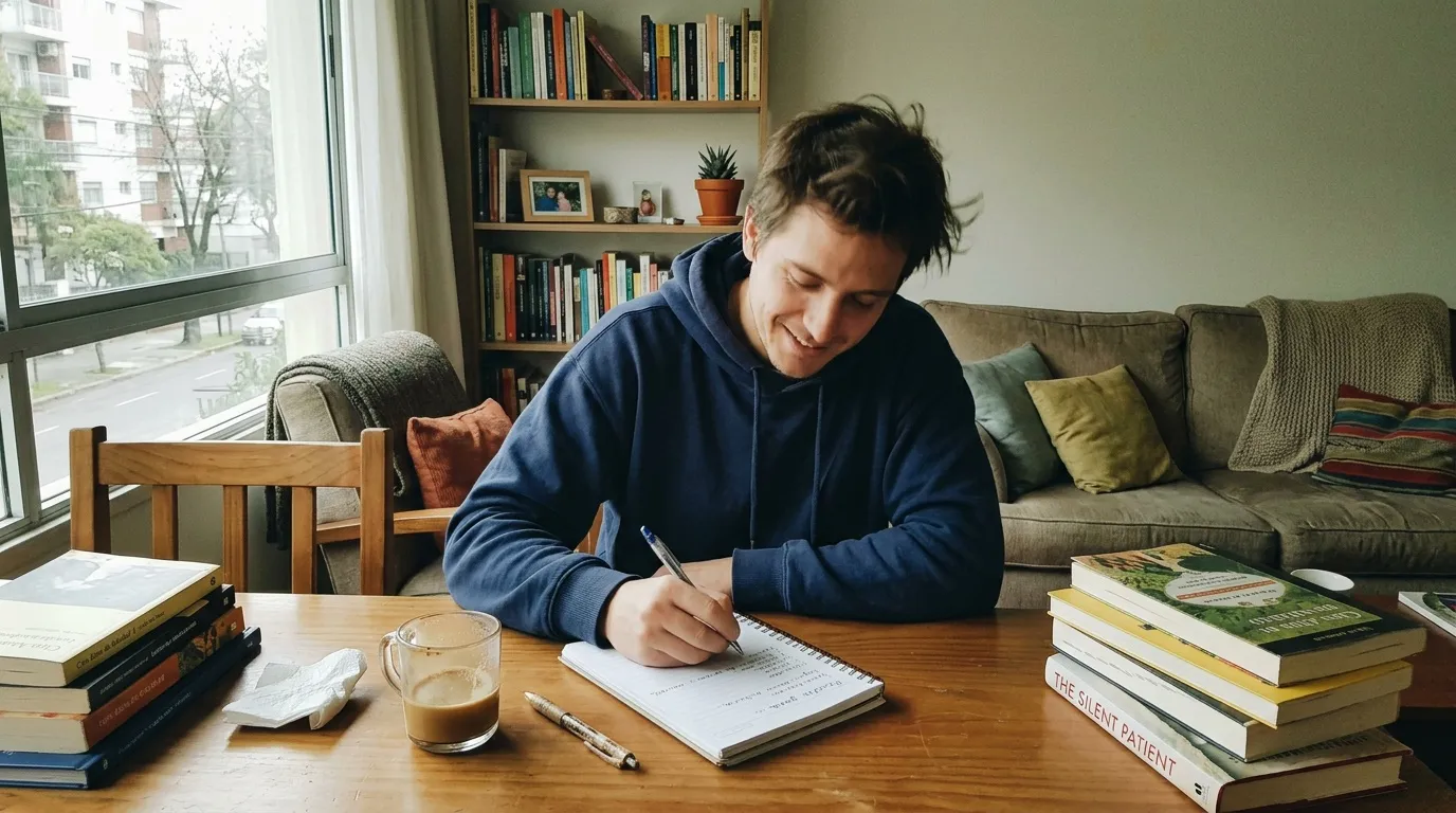 Jeune personne &eacute;crivant dans un carnet, entour&eacute; de livres et caf&eacute;