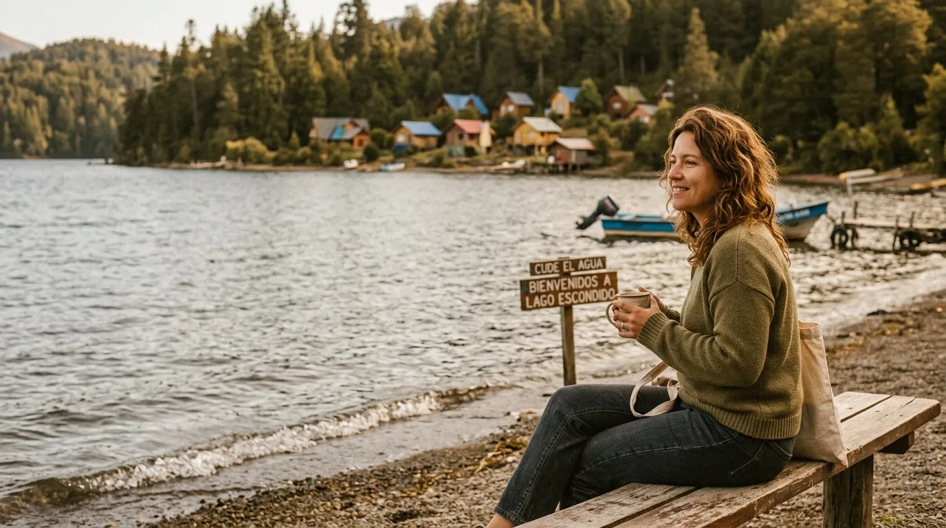 Femme souriante assise sur un banc face au lac