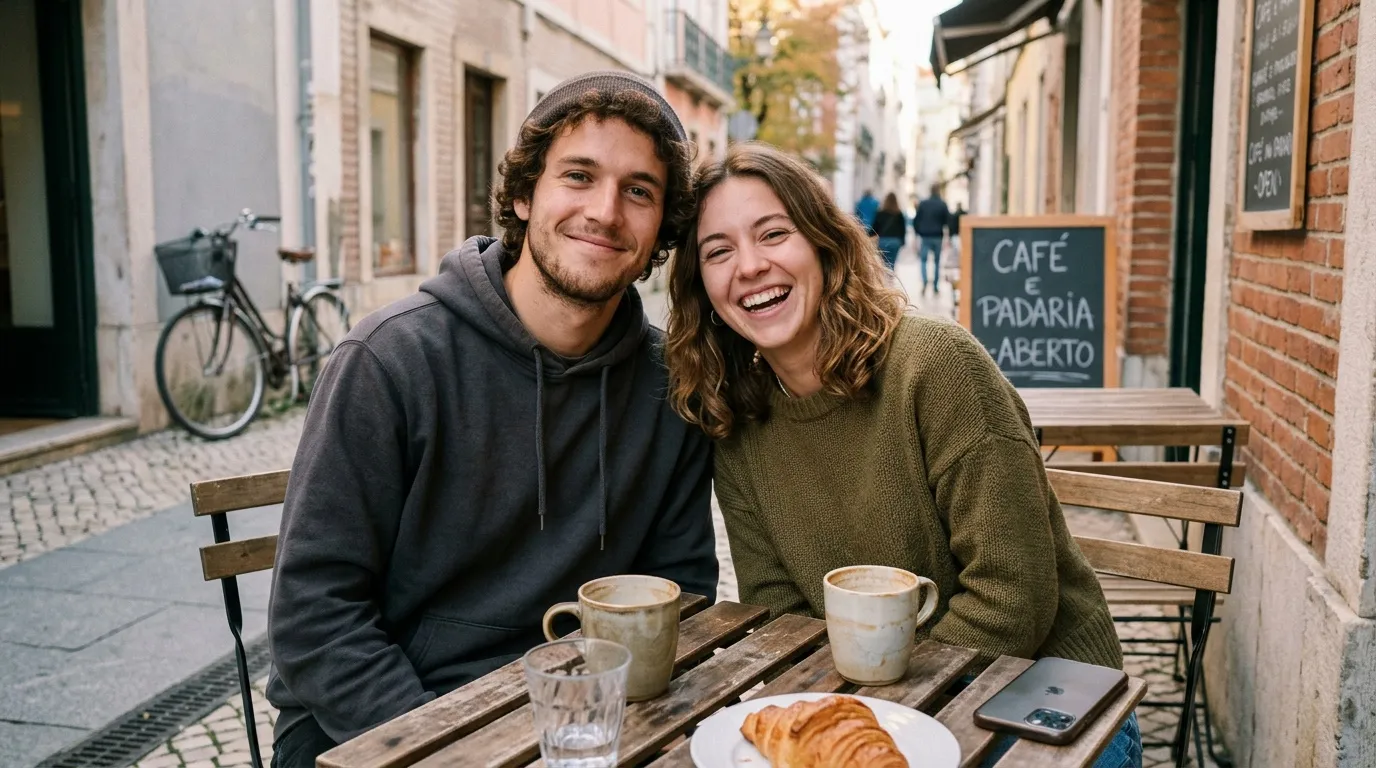 Deux jeunes souriants prennent un café en terrasse dans une ruelle européenne