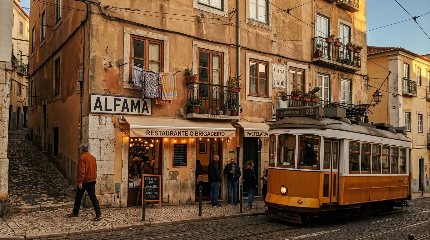 Tramway jaune historique traversant rue pavée Lisbonne